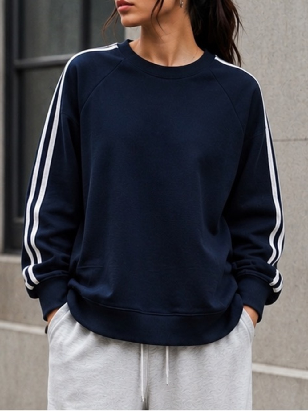 Navy Blue White Side Stripe Long Sleeve Pullover Crewneck Sweatshirt Athletic XL